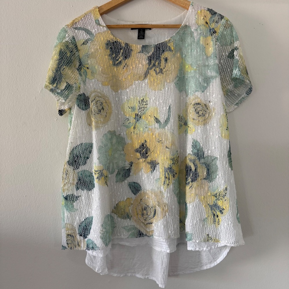 Womens XL Floral Mesh Sequin Blouse Top Cotton Lining Lagenlook Boho Coastal
